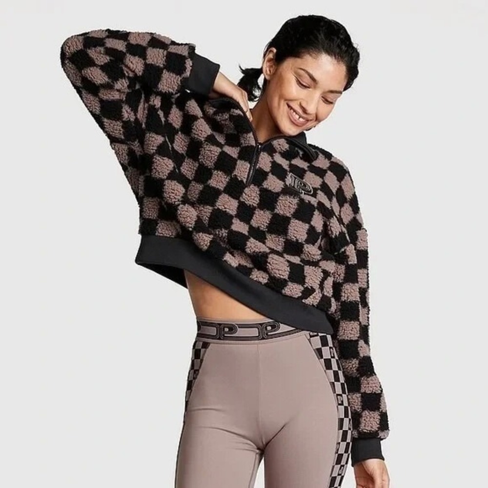 Victoria's Secret PINK Sherpa Pullover Small Cropped Checkered Cozy